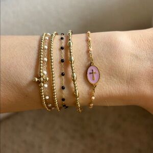 Dainty gold & purple beaded cross adjustable bracelet delicate jeweled chain